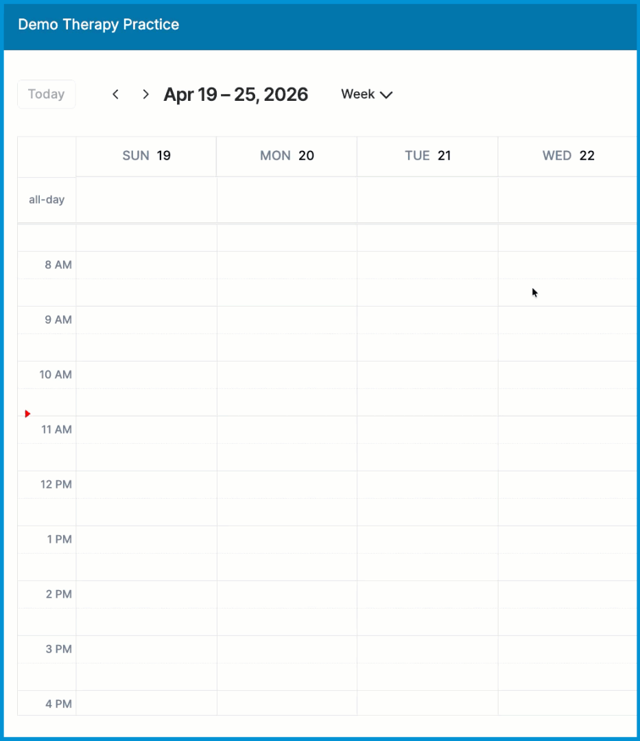 An animated GIF showing a user clicking a time slot on the calendar, selecting