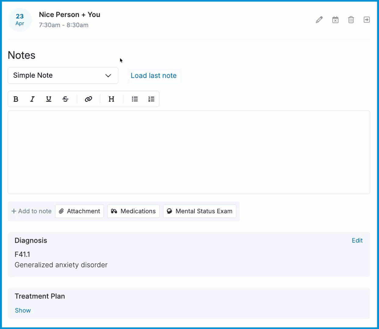 An animated GIF showing a user opening an incomplete session note, selecting a template, entering clinical documentation using the formatting toolbar, and finishing by clicking