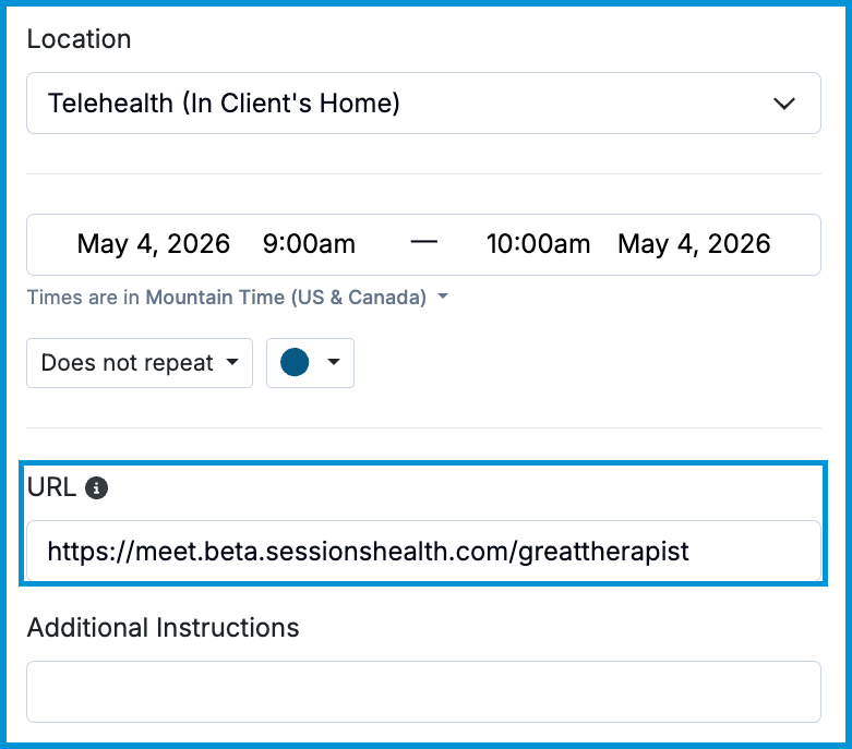 Screenshot of the appointment scheduling screen showing the telehealth link automatically populated in the URL field.