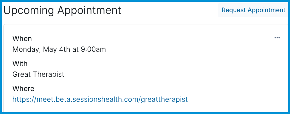 The upcoming appointment view in the client portal displaying the telehealth link in the 