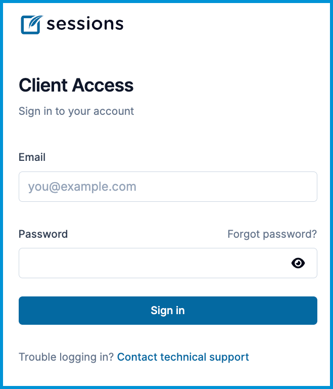Client login screen with fields to enter an email and password, a Sign in button, and a help link below the form.