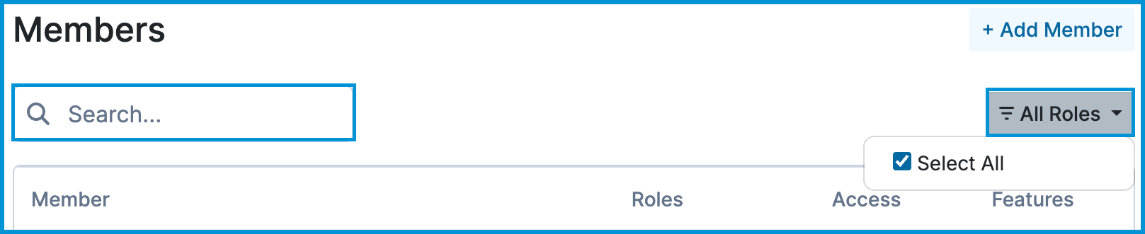 Members list showing search field and role filter options.