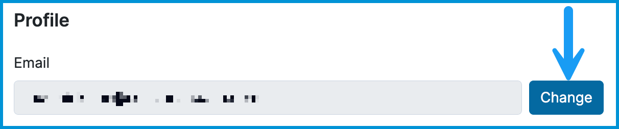 Image with an arrow pointing to the Change button next to the users Email address.