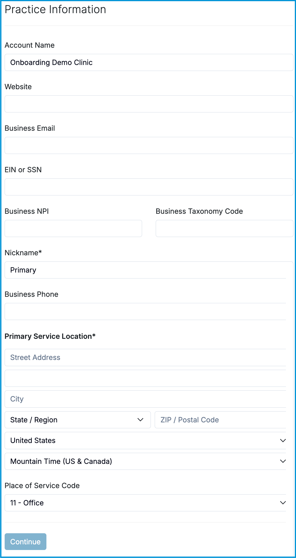 Image of the Practice Information fields.
