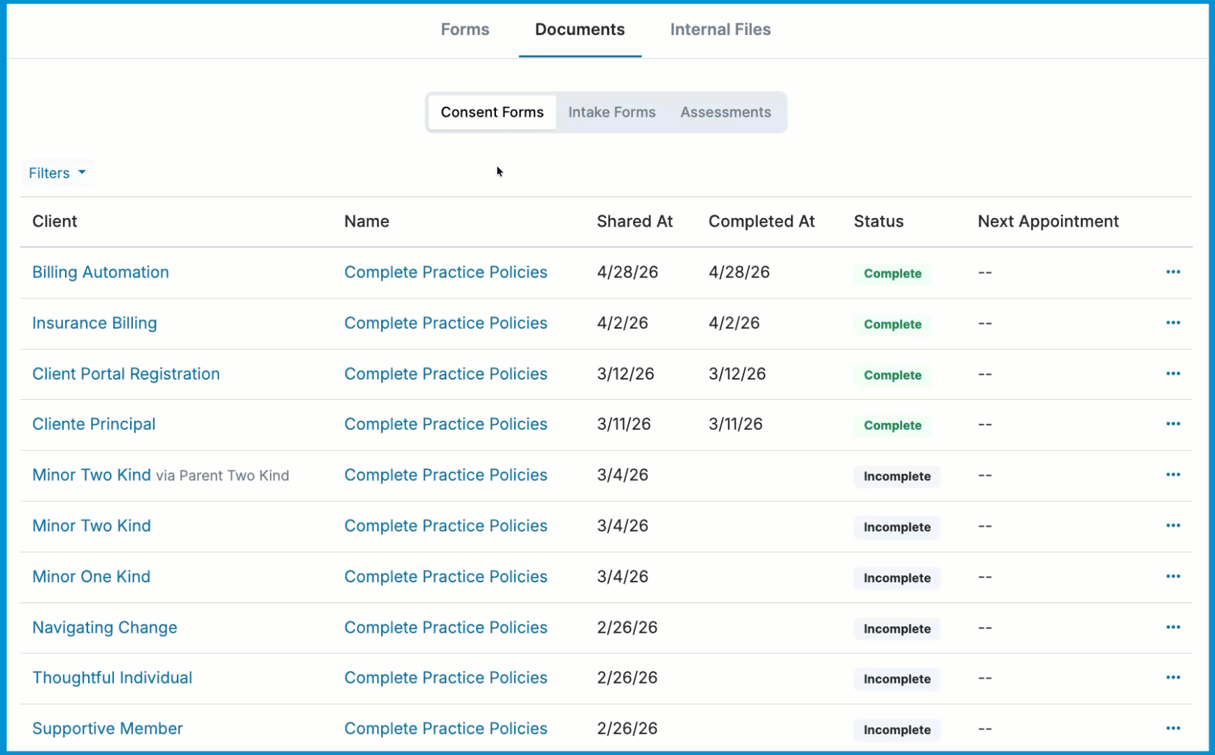Animated GIF showing the user navigating through Consent Forms, Intake Forms, and Assessments under the Documents tab.