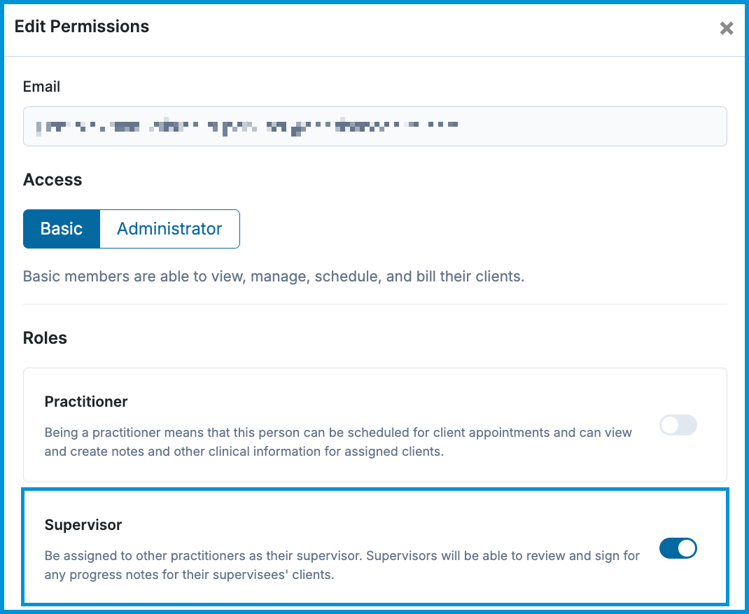 Edit Permissions module with the Supervisor role enabled.