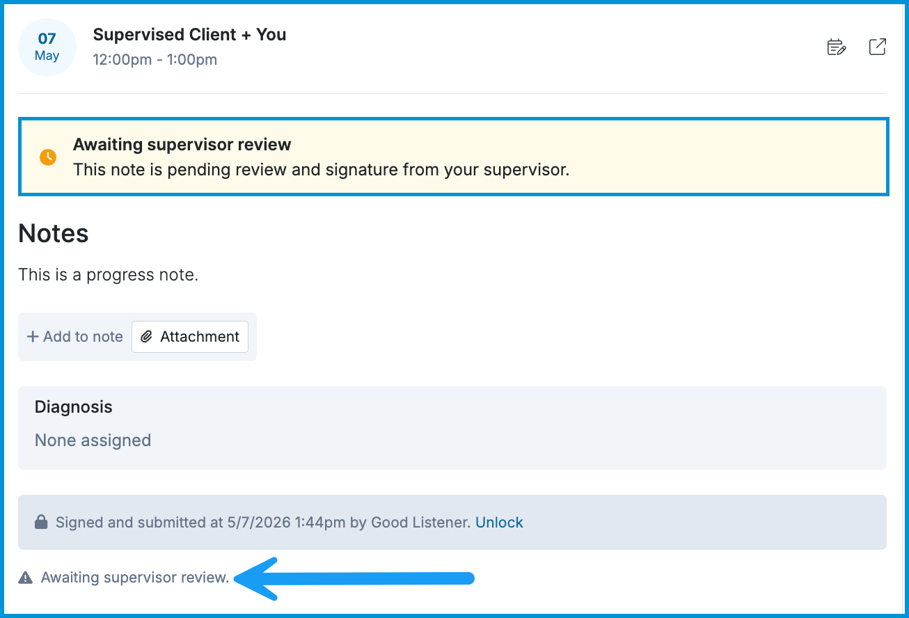 Screenshot of a signed note showing Awaiting supervisor review.