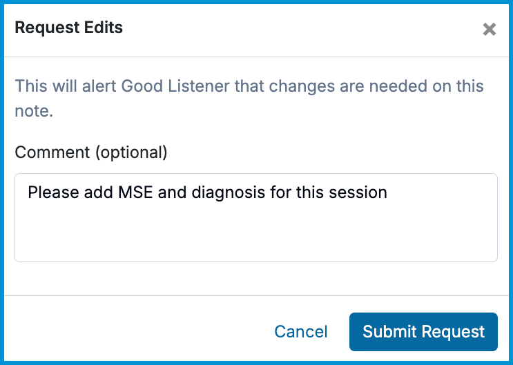 Screenshot of Request Edits modal with comment field.