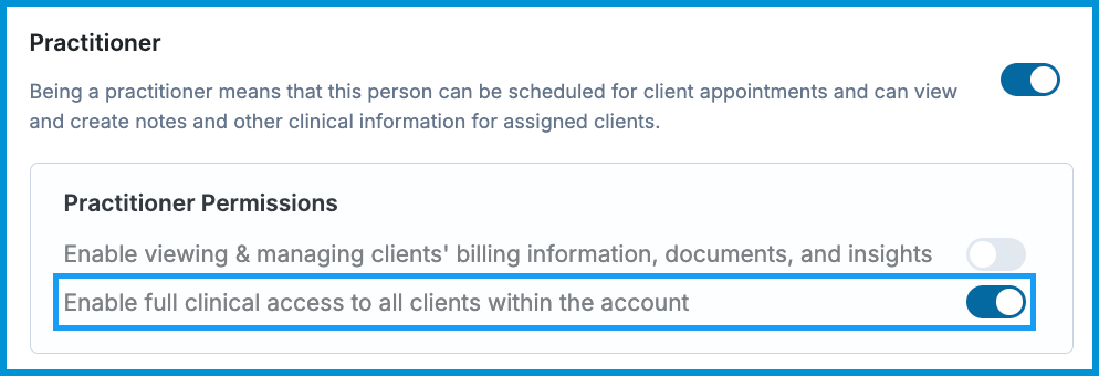 Practitioner role settings showing full clinical access enabled and billing access disabled.