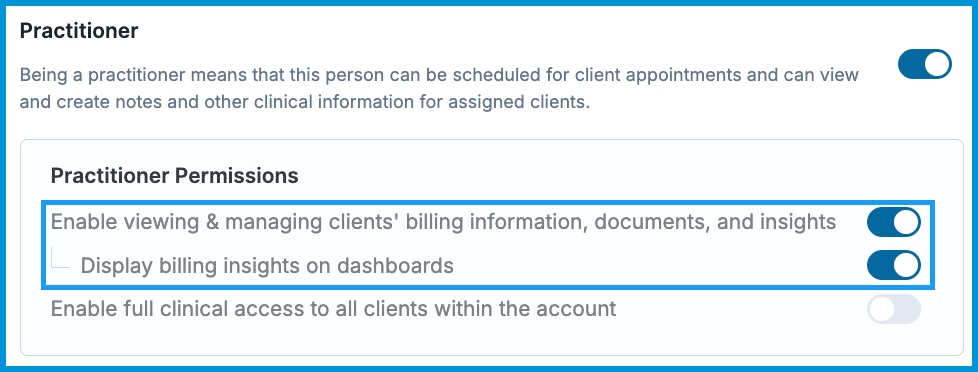 Practitioner role settings with billing access and dashboard insights enabled.