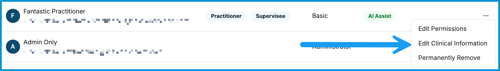 Image highlighting the Edit Clinical Information option next to a member's name. 