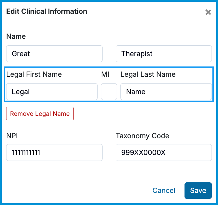 Legal name field highlighted within the Edit Clinical Information modal.
