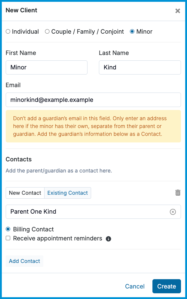 New Client window with Minor selected and fields for client and guardian contact visible.