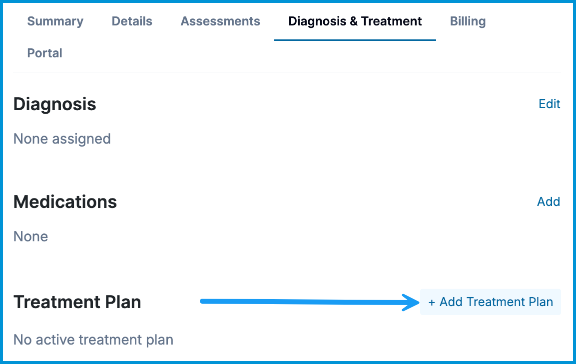 Diagnosis and Treatment tab with an arrow pointing to the Add Treatment Plan button.
