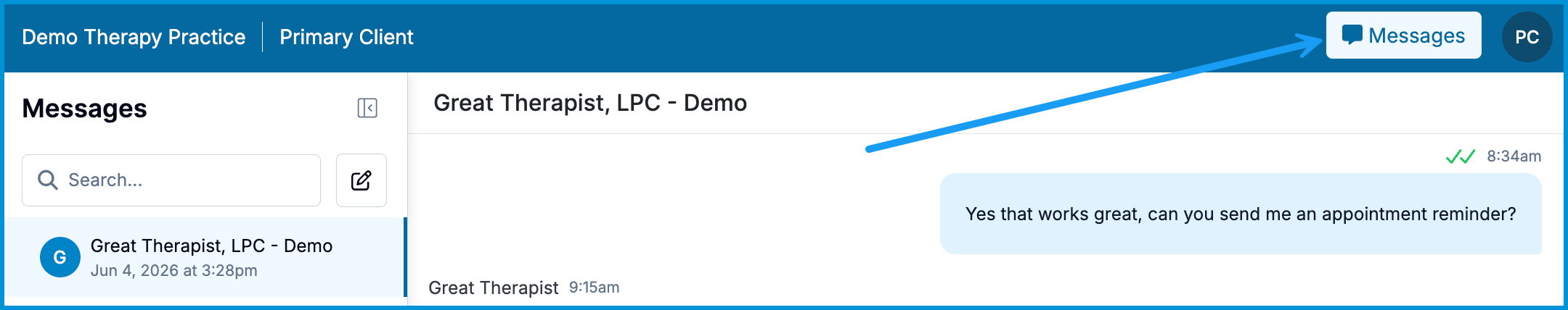 Secure messaging panel with arrow pointing to Messages button.