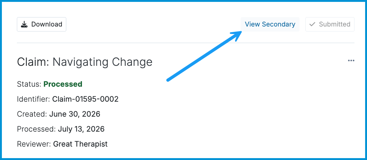 The top header of the Claim Details view with a blue arrow pointing to the View Secondary link in the upper right corner.