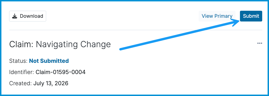 The top header of the Claim Details view with a blue arrow pointing to the Submit button in the upper right corner.