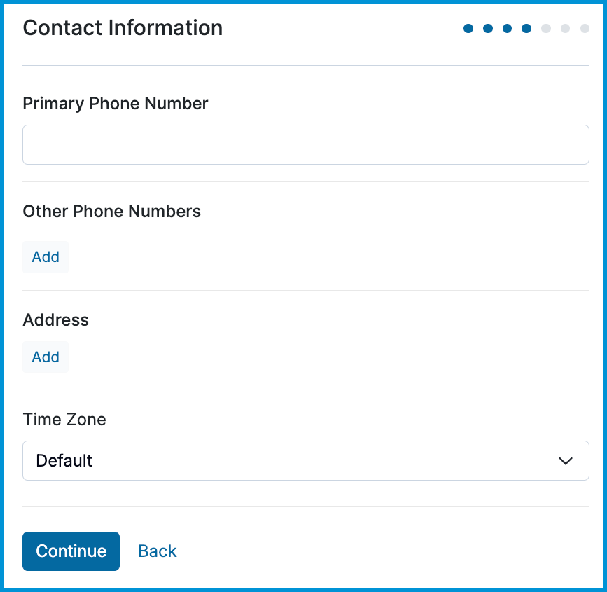 Contact Information setup screen displaying phone number, address, and time zone fields.