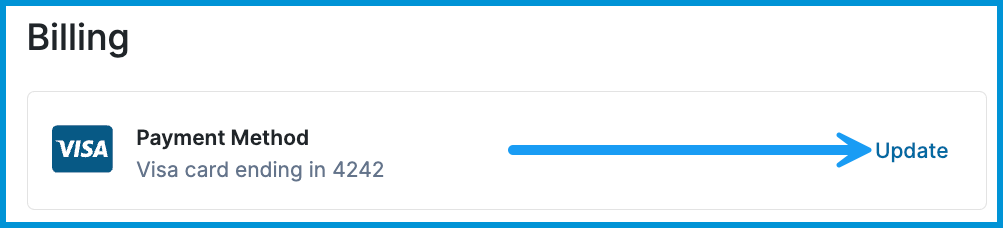 Payment Method section in Sessions Health displaying card details with an Update button.