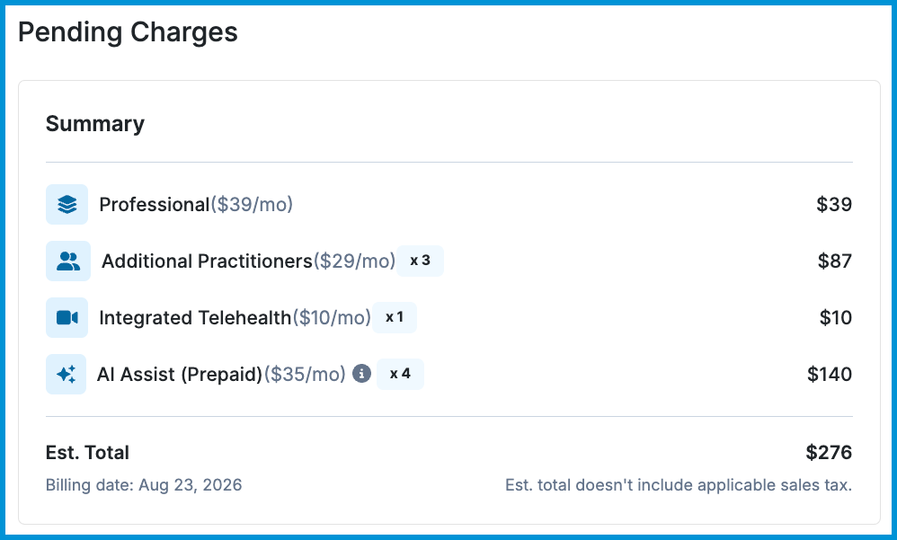 Pending Charges section in Sessions Health showing itemized plan fees, add-on costs, and estimated total.