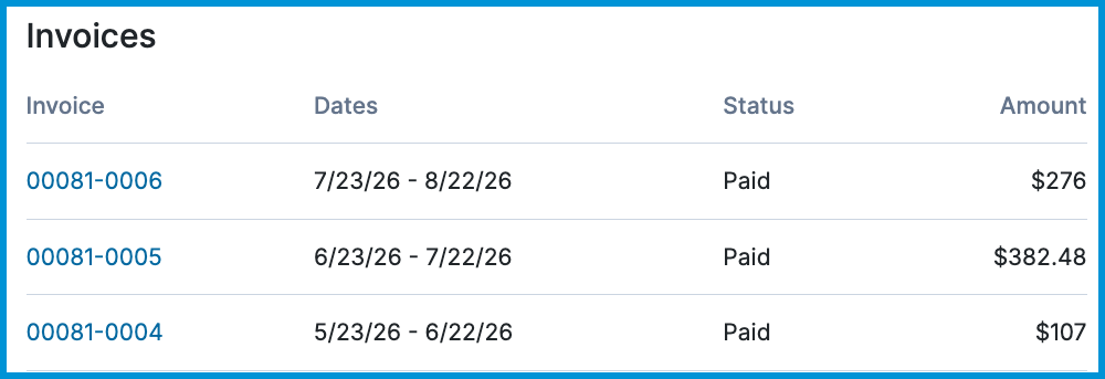 Invoices table in Sessions Health listing past invoice numbers, dates, payment status, and total amounts.