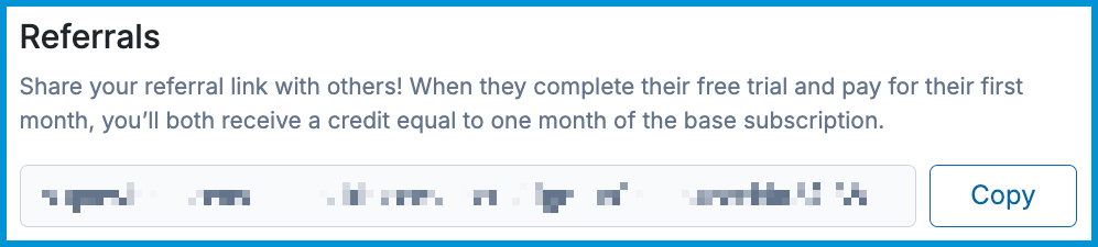 Referral Link section in Sessions Health showing a unique referral URL and a Copy button.