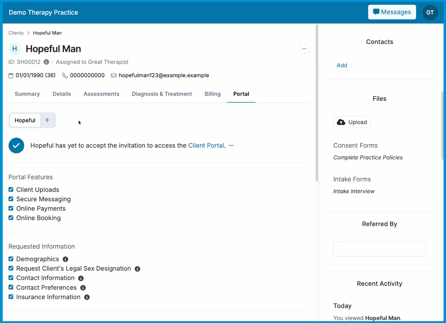 Adding a client contact using the plus icon on the Portal tab or the Add button in the right-hand Contacts panel.