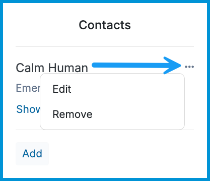 Three-dot menu options to Edit or Remove a contact.
