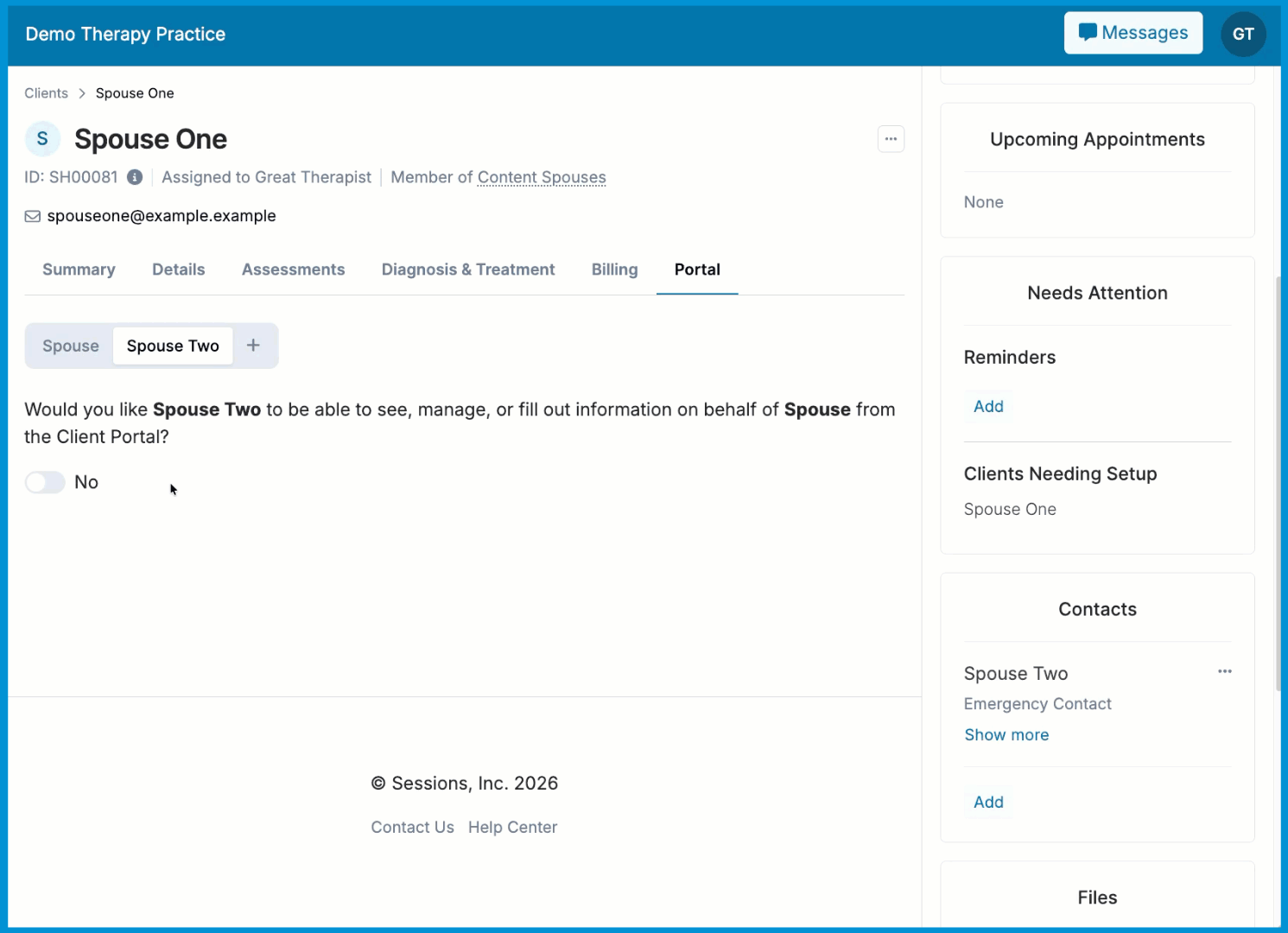 Enabling Client Portal access for a contact under their sub-tab on the Portal tab.