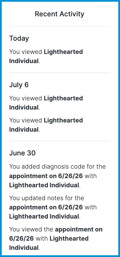 Recent Activity panel showing a chronological log of chart views and updates.