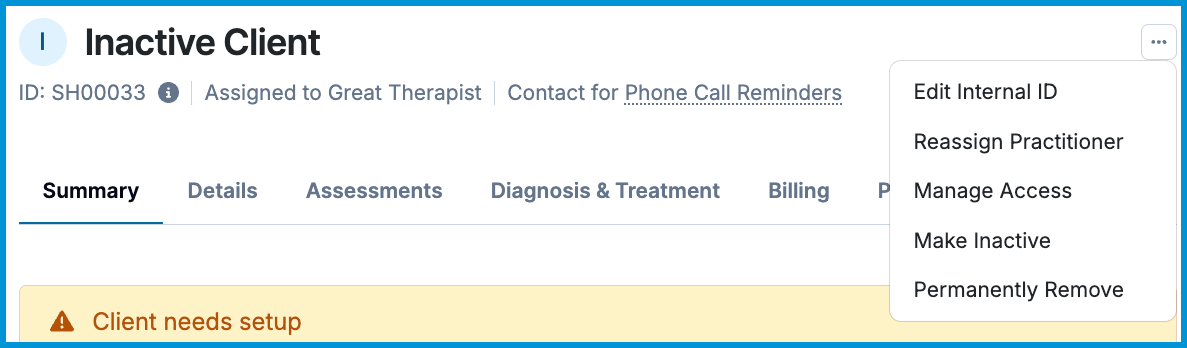 Client chart menu showing options to Make Inactive and Permanently Remove.