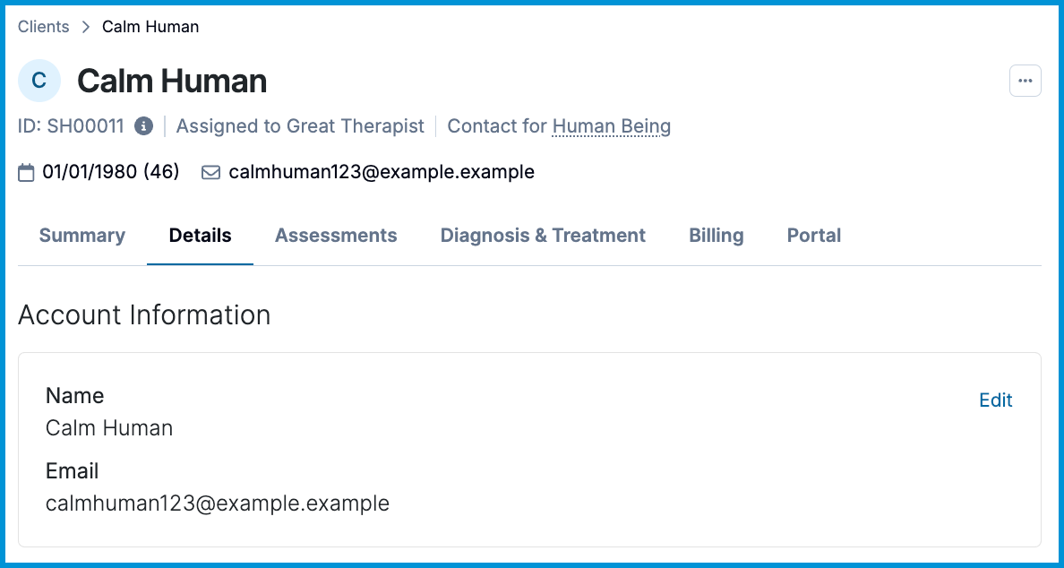 Client chart with the Details tab selected, displaying the Account Information section.