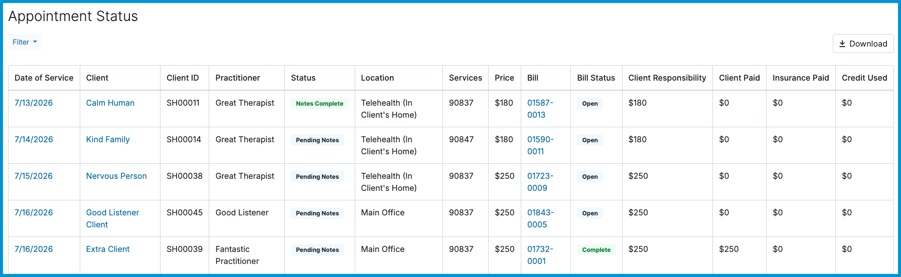 Screenshot of the Appointment Status report table displaying appointment details, Client ID, and billing information.