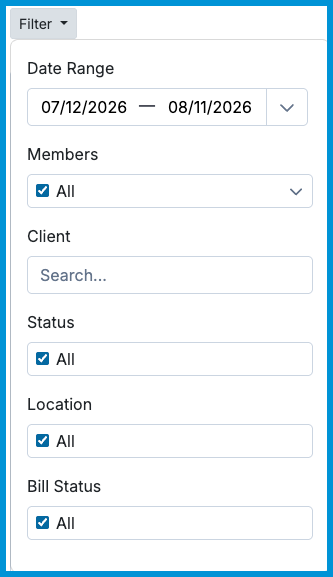 Filter dropdown menu for the Appointment Status report showing Date Range, Members, Client, Status, Location, and Bill Status filters.