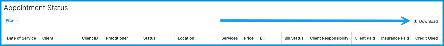 Appointment Status report header with a blue arrow pointing to the Download button in the upper-right corner.