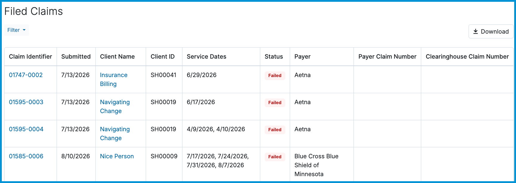 Screenshot of the Filed Claims report table displaying claim identifiers, submission dates, Client IDs, claim statuses, and payers.
