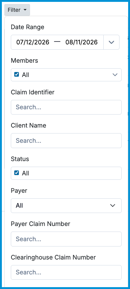 Filter dropdown menu for the Filed Claims report with Date Range, Members, Claim Identifier, Client Name, Status, Payer, and Claim Number filter fields.