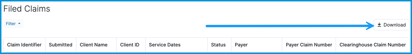 Filed Claims report header with a blue arrow pointing to the Download button in the upper-right corner.