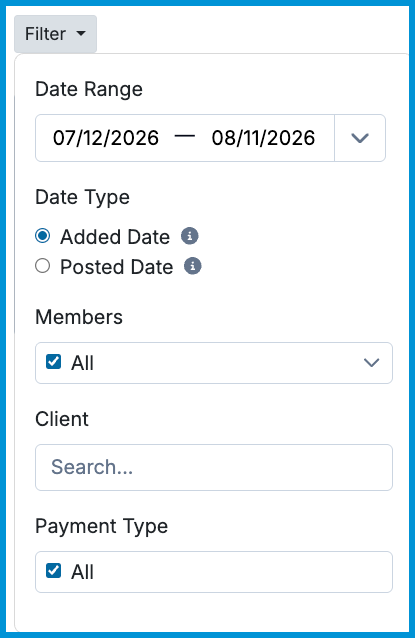 Filter dropdown menu for the Income Allocation report with Date Range, Date Type, Members, Client, and Payment Type filter fields.