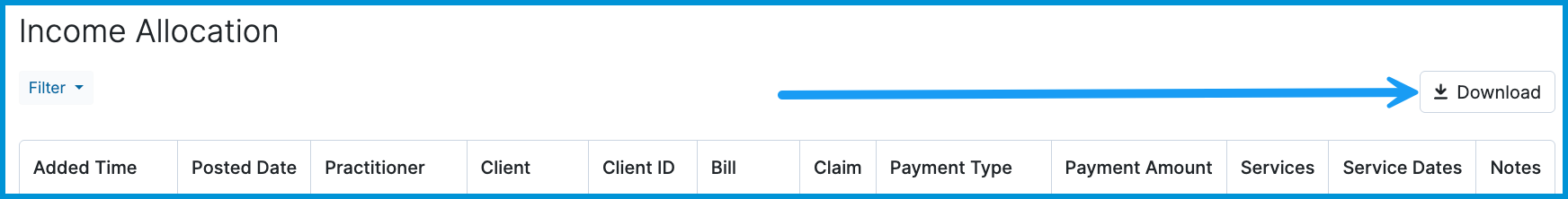 Income Allocation report header with a blue arrow pointing to the Download button in the upper-right corner.