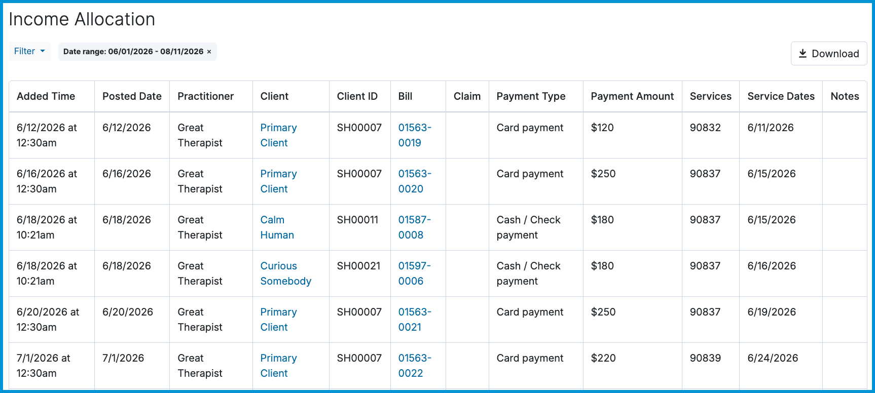 Screenshot of the Income Allocation report table displaying payment timestamps, Client IDs, payment types, amounts, and service details.