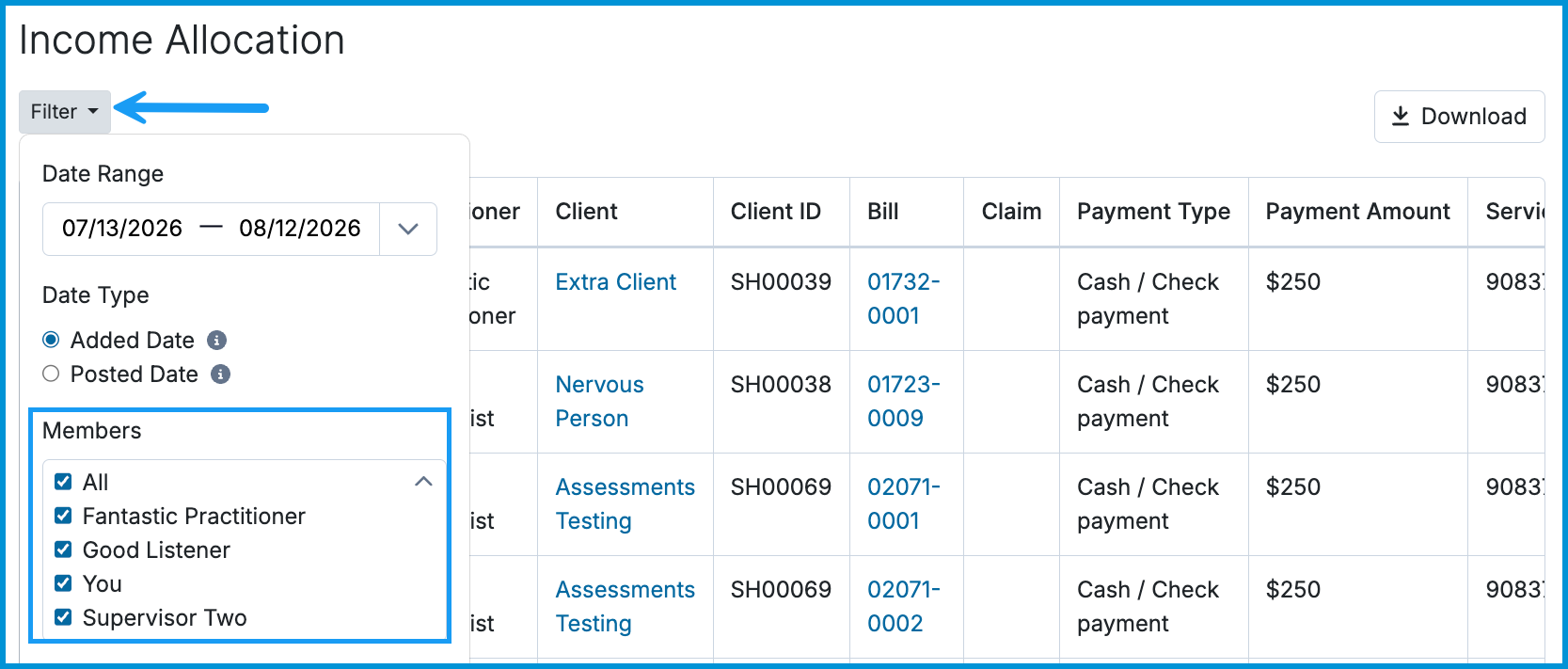 Screenshot of the Income Allocation report with the Filter menu open, highlighting the Date Range, Date Type options (Added Date vs. Posted Date), and Members selection box.