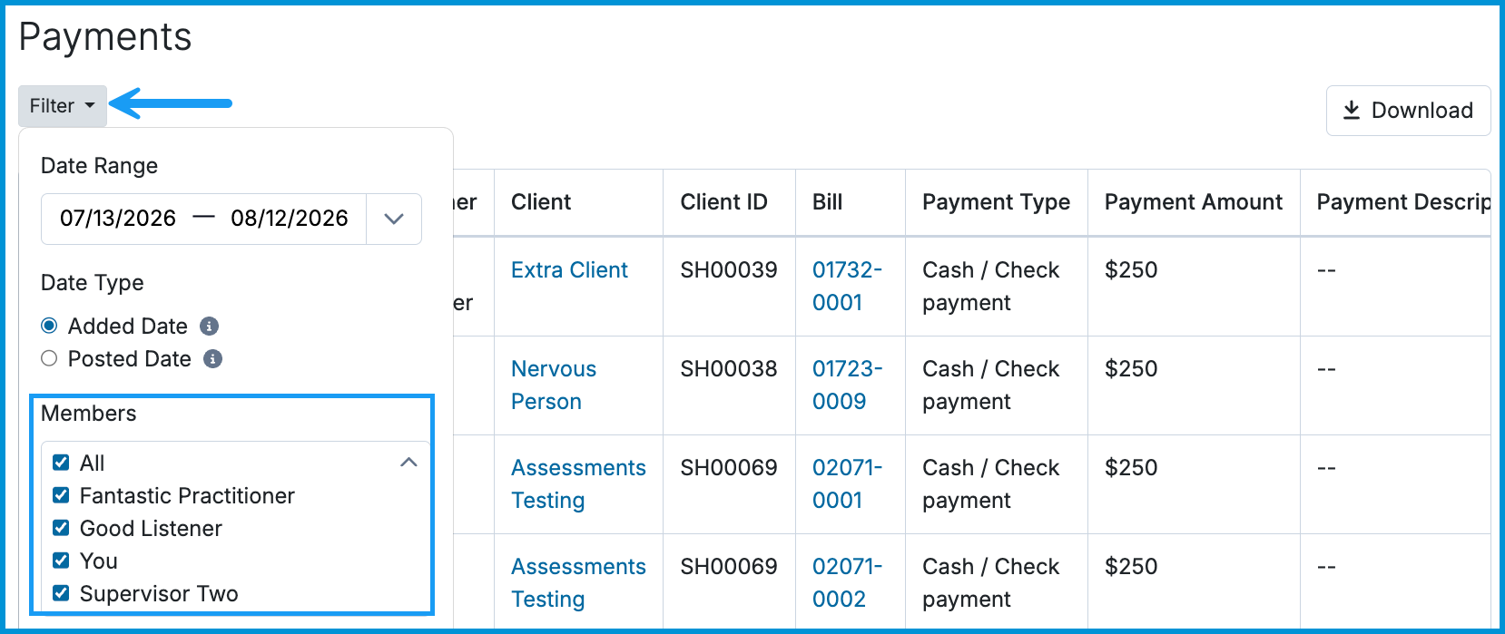 Screenshot of the Payments report with the Filter menu open, highlighting the Date Range, Date Type options (Added Date vs. Posted Date), and Members selection box.