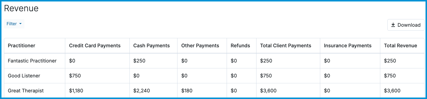 Screenshot of the Revenue report table displaying payment breakdowns and total revenue by practitioner.