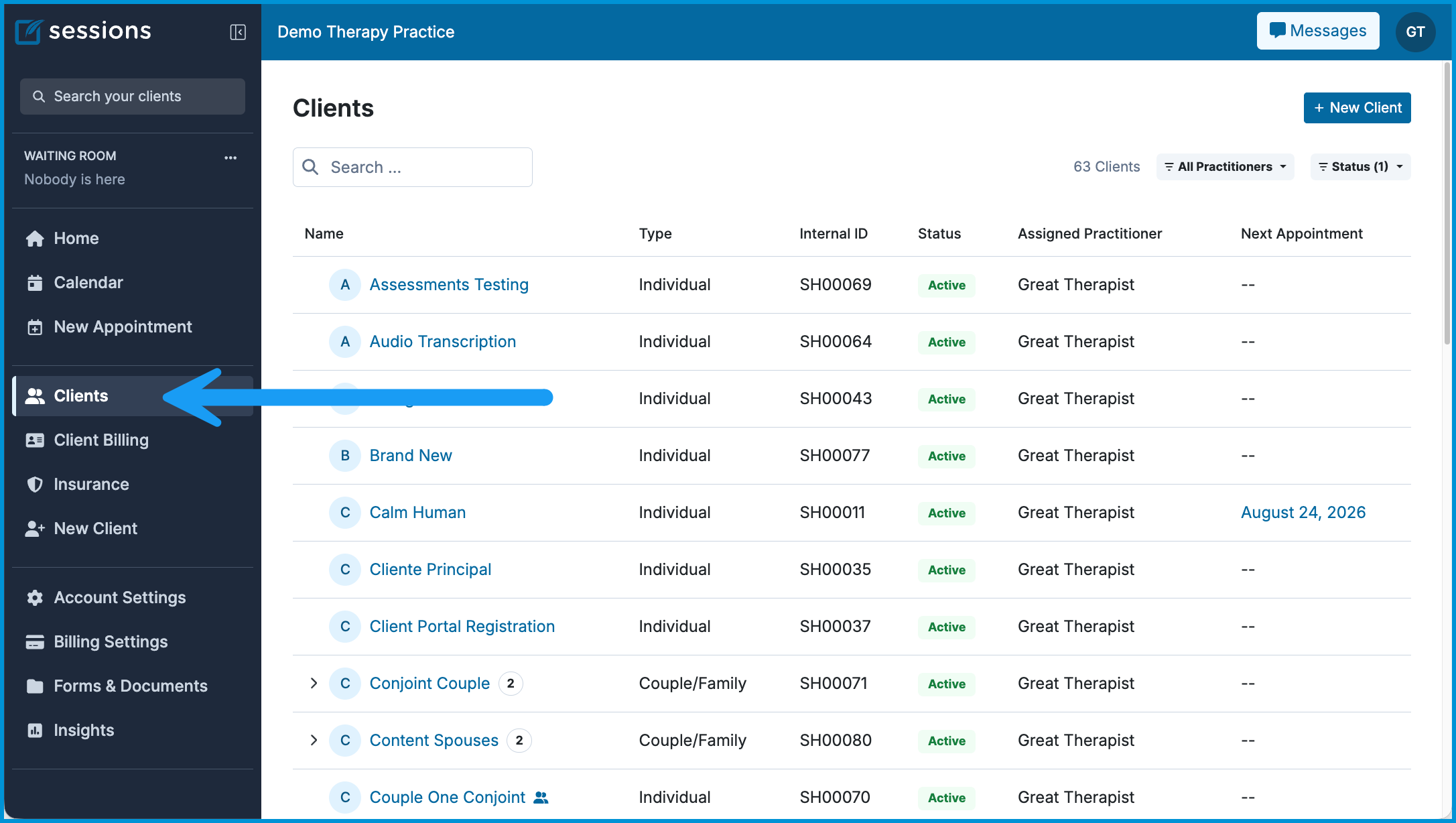 Screenshot of the Sessions Health dashboard with a prominent blue arrow pointing to the