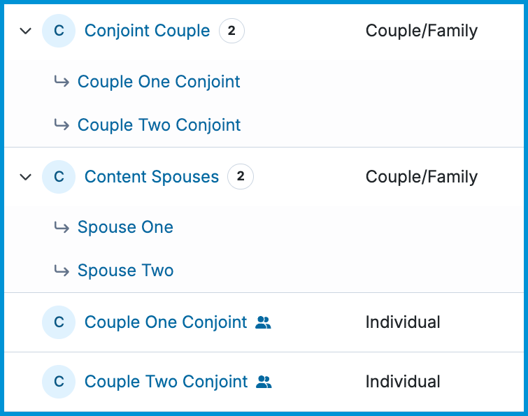 Close-up view of expanded Couple and Family rows in the client list, displaying nested individual group members listed beneath each group chart.