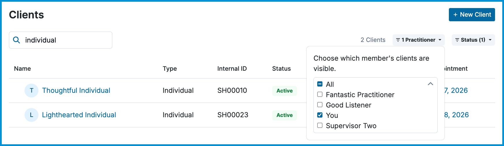 Screenshot of the client list search bar alongside the open Practitioner filter dropdown menu, showing options to select visible clients by assigned team member.