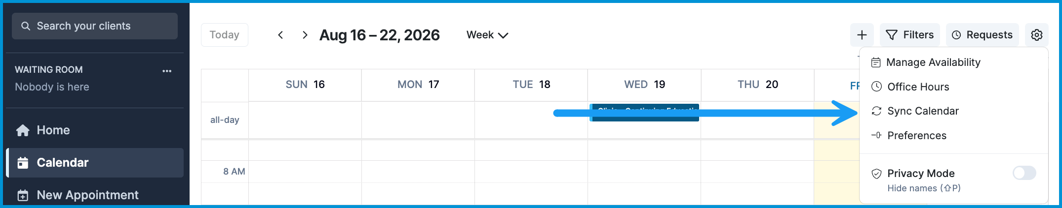 Sessions Health calendar view showing the top-right gear icon menu with an arrow pointing to Sync Calendar.