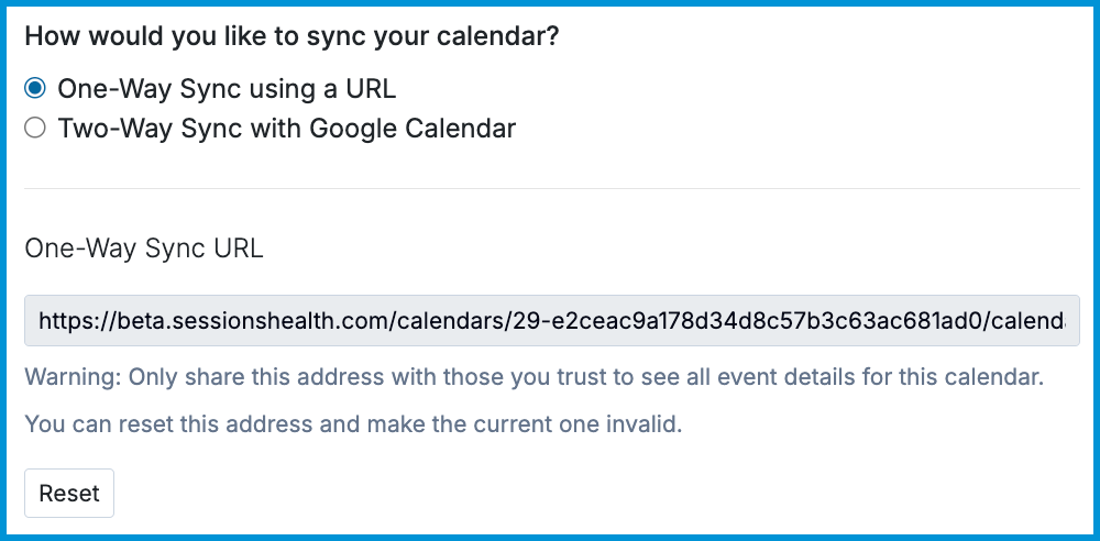 Sessions Health sync settings showing One-Way Sync selected with a generated calendar URL, privacy warning, and Reset button.