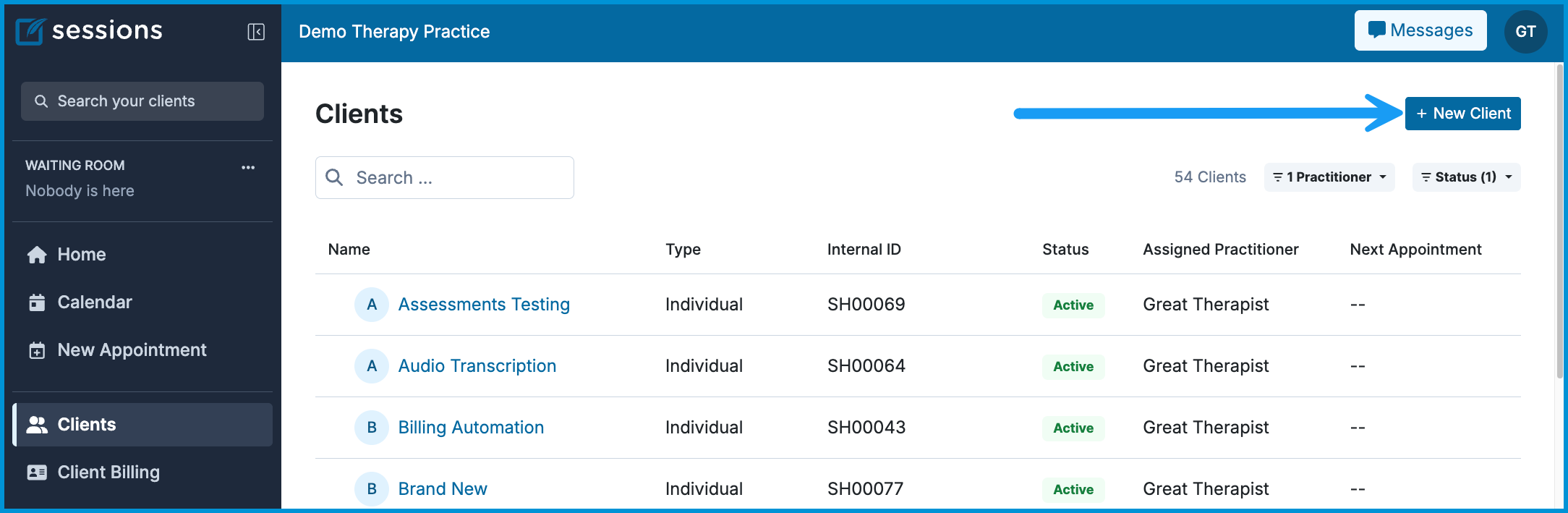 The Clients page in Sessions Health, with a blue arrow pointing to the + New Client button in the upper-right corner.